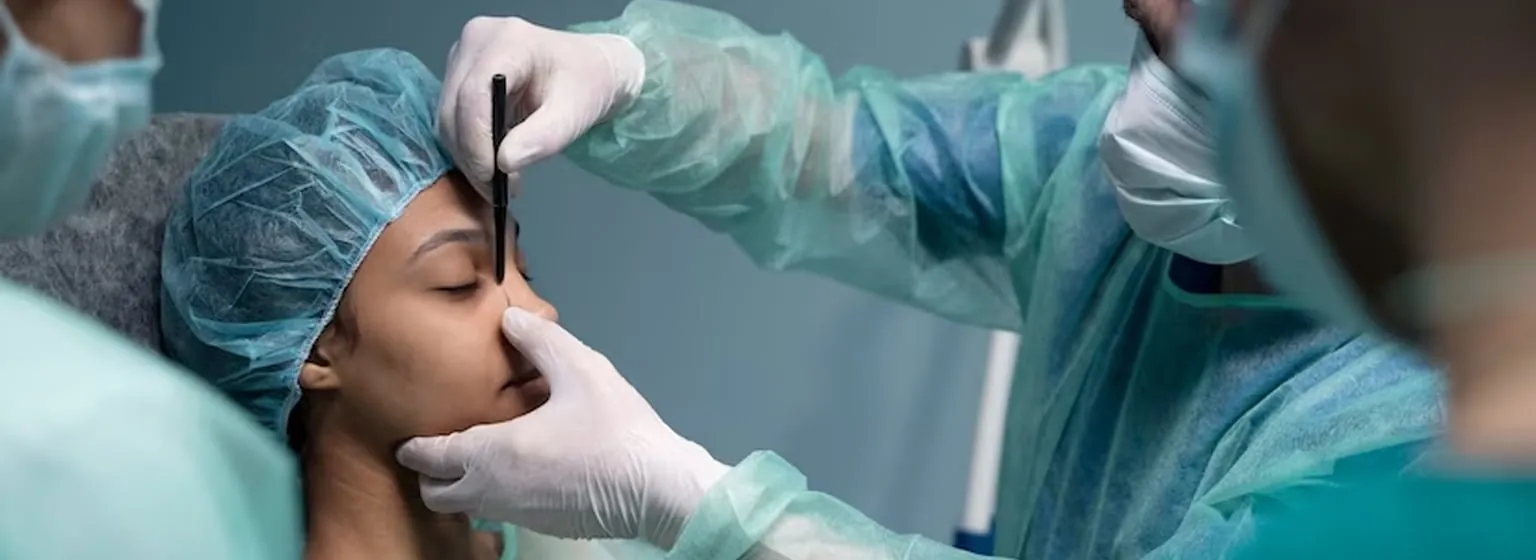 Surgeons marking a patient's face before surgery