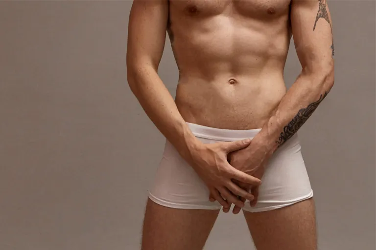 A man in underwear, front view